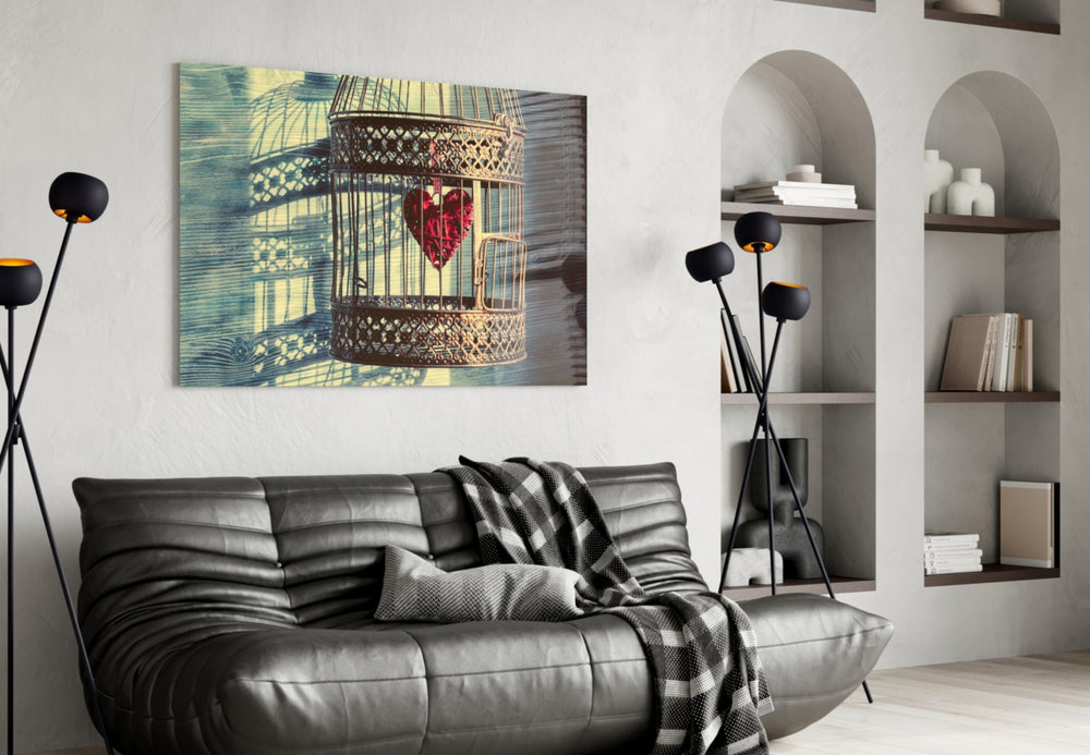 Caged Heart glass wall art styled above a bed in a girl's room