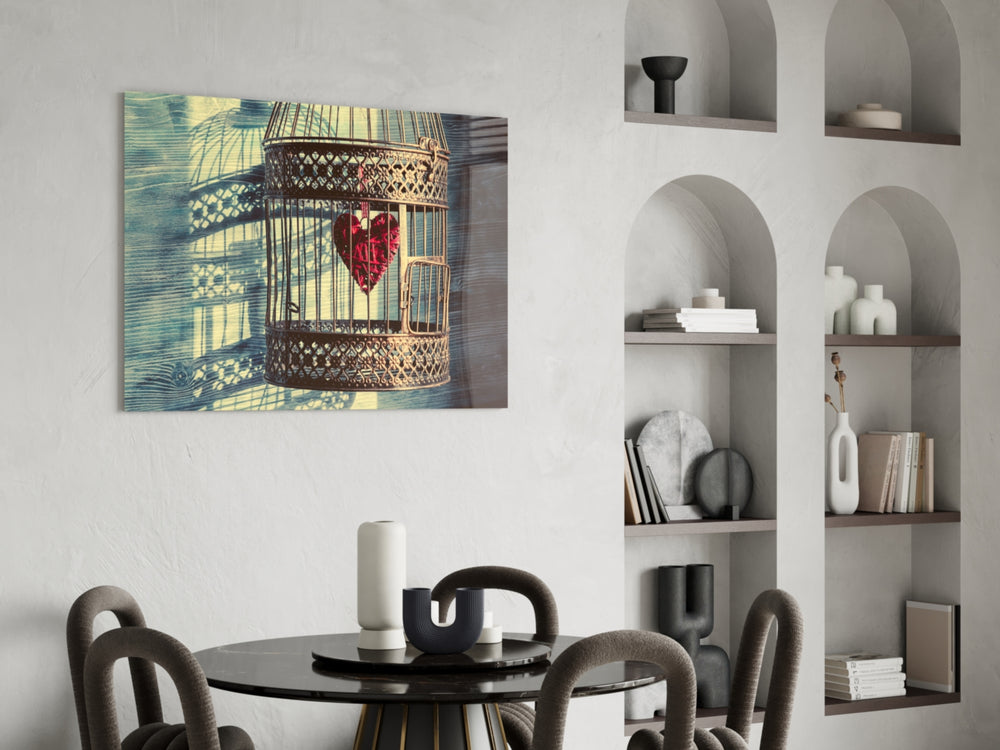 Caged Heart panel adding vintage mood to a powder room