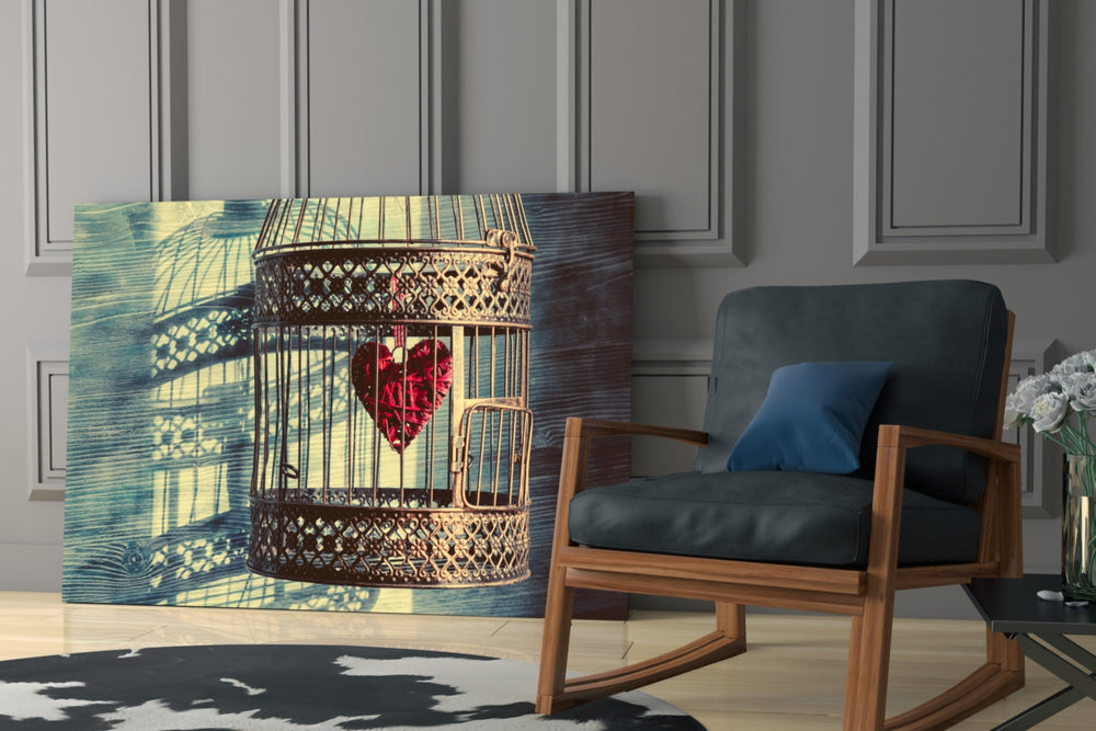 Caged Heart glass print enhancing a bedroom with serene spirit