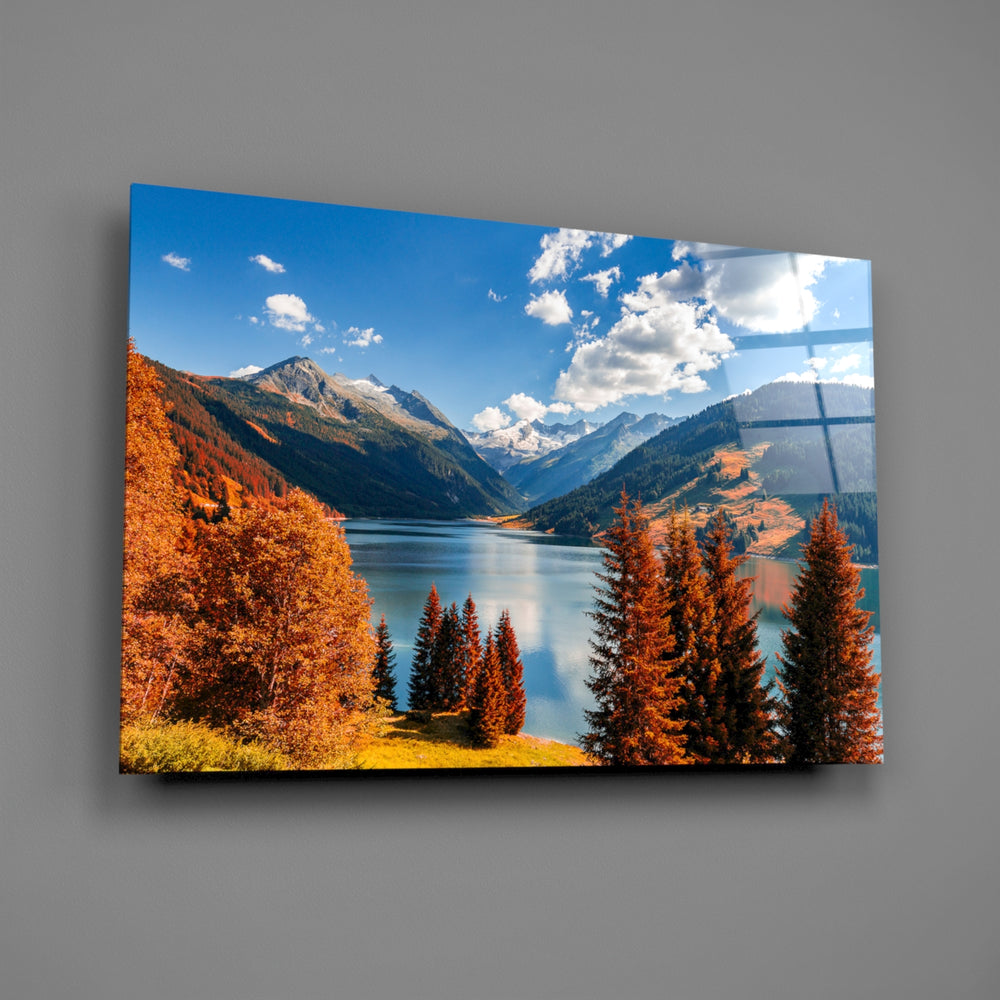 Alpine-lake panel bringing panoramic calm to a contemporary living space