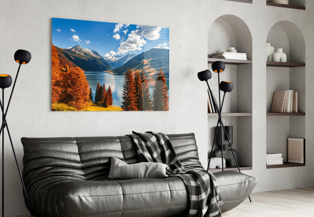 Lake View glass wall art styled above a bed in a serene bedroom