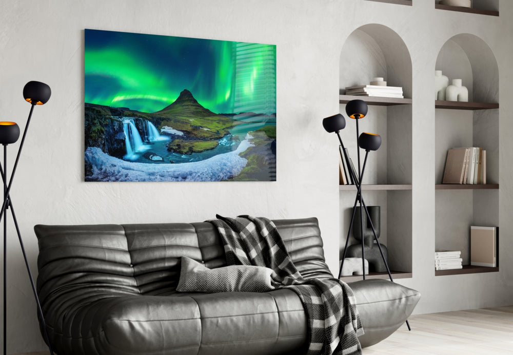 Northern Lights glass wall art styled above a bed in a cosmic bedroom