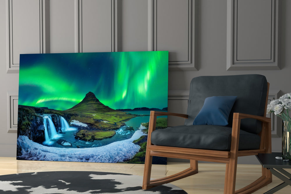 Northern Lights glass print enhancing a foyer with travel spirit