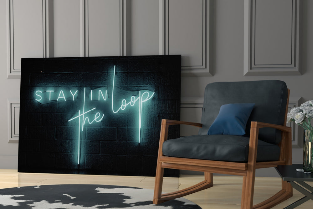 Stay in the Loop glass print enhancing a lounge with after-hours drama