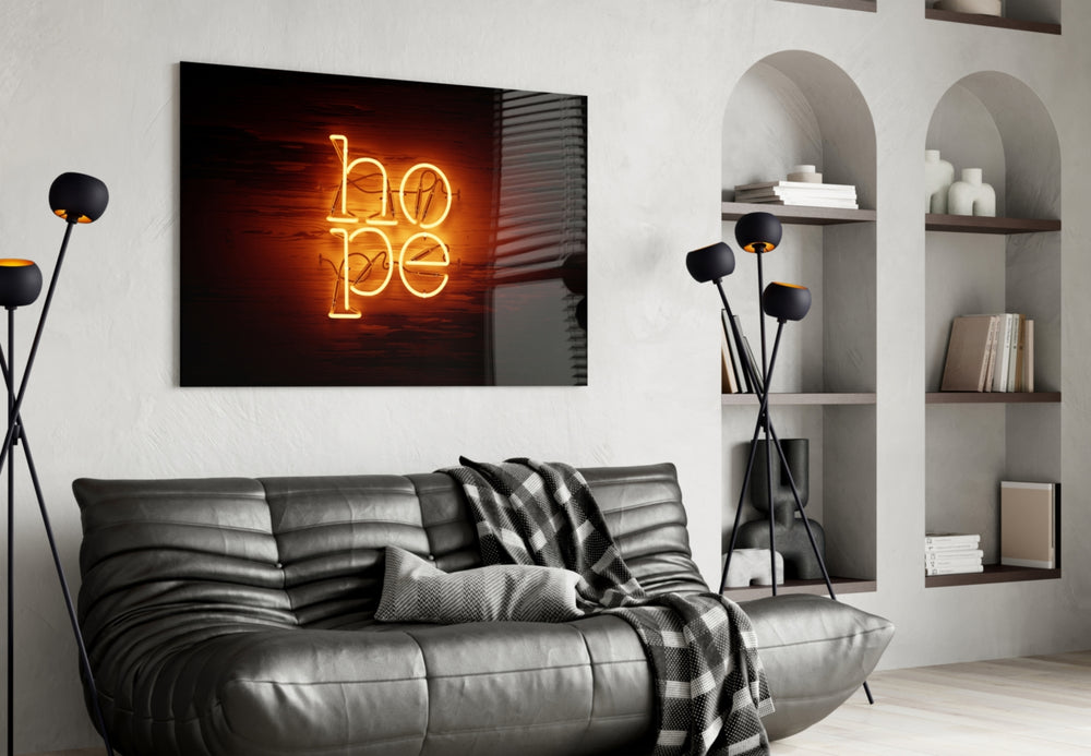 Hope glass wall art styled above a desk in an uplifting study