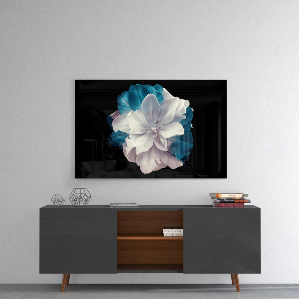 Blue Flower panel catching gallery light to reveal its tactile silk