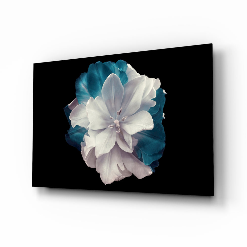 Blue Flower glass wall art displayed above a console in a designer interior