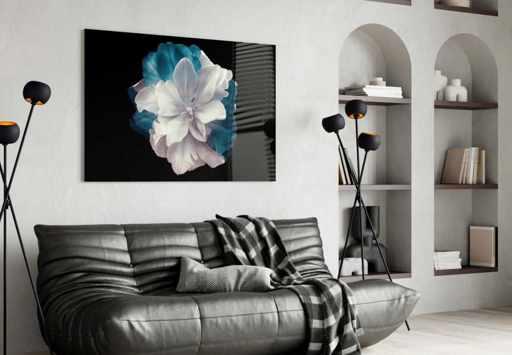 Blue Flower glass wall art styled above a vanity in a powder room