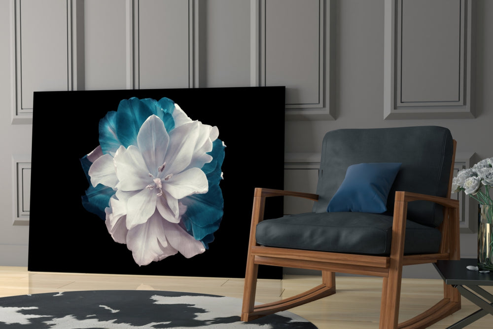 Blue Flower glass print enhancing a foyer with editorial drama