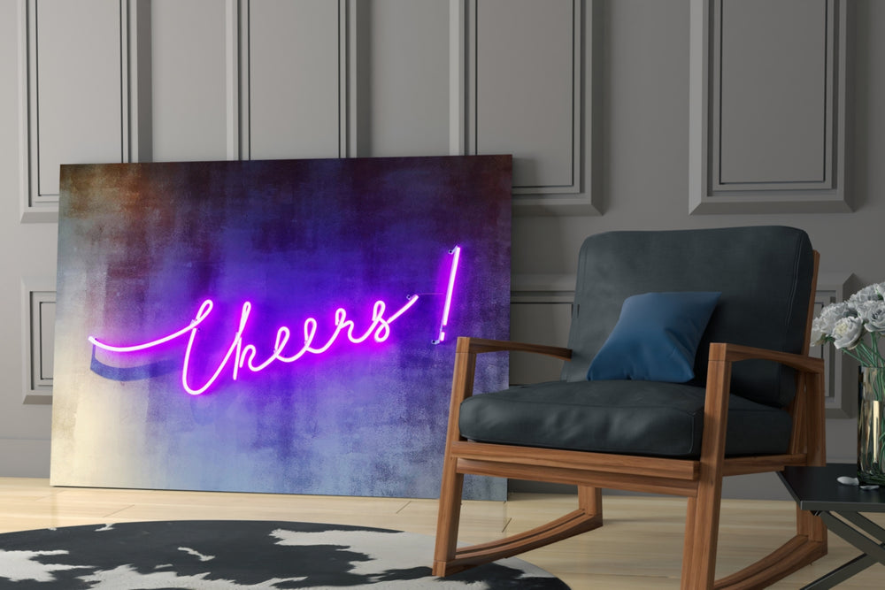 Cheers glass print enhancing a lounge with after-hours drama