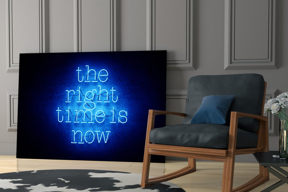 The Right Time Is Now glass print enhancing a lounge with after-hours drama