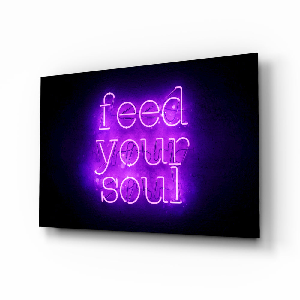 Feed Your Soul glass wall art displayed above a console in a designer interior