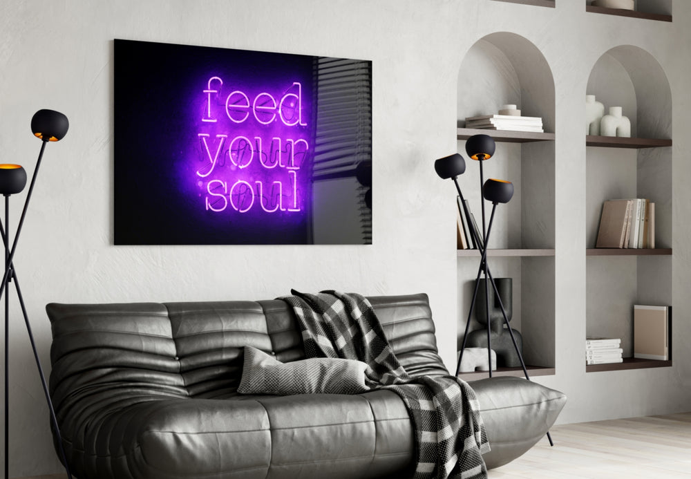 Feed Your Soul glass wall art styled above a mat in a yoga studio