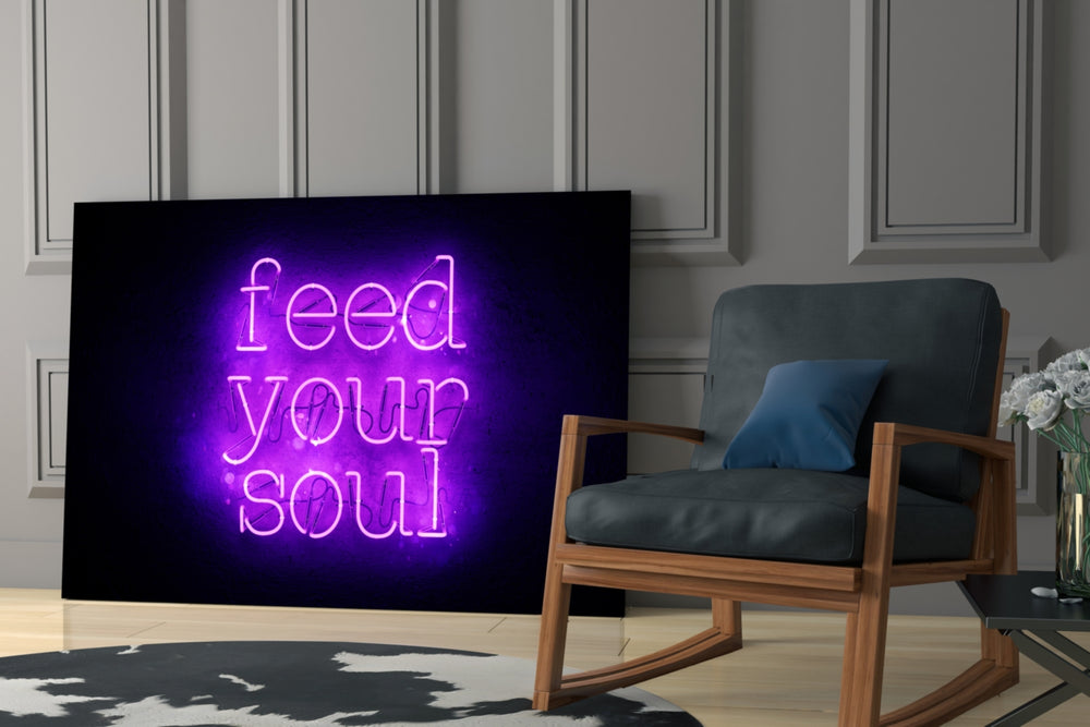 Feed Your Soul glass print enhancing a lounge with after-hours drama