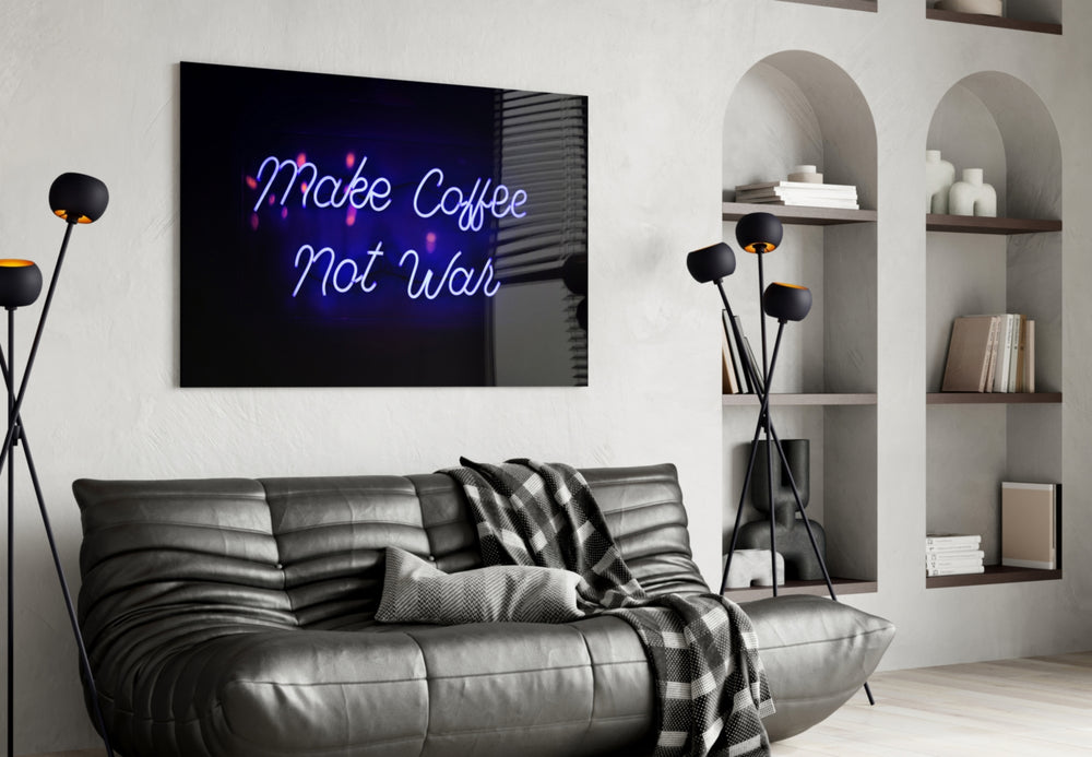 Make Coffee not War glass wall art styled above a counter in a coffee bar