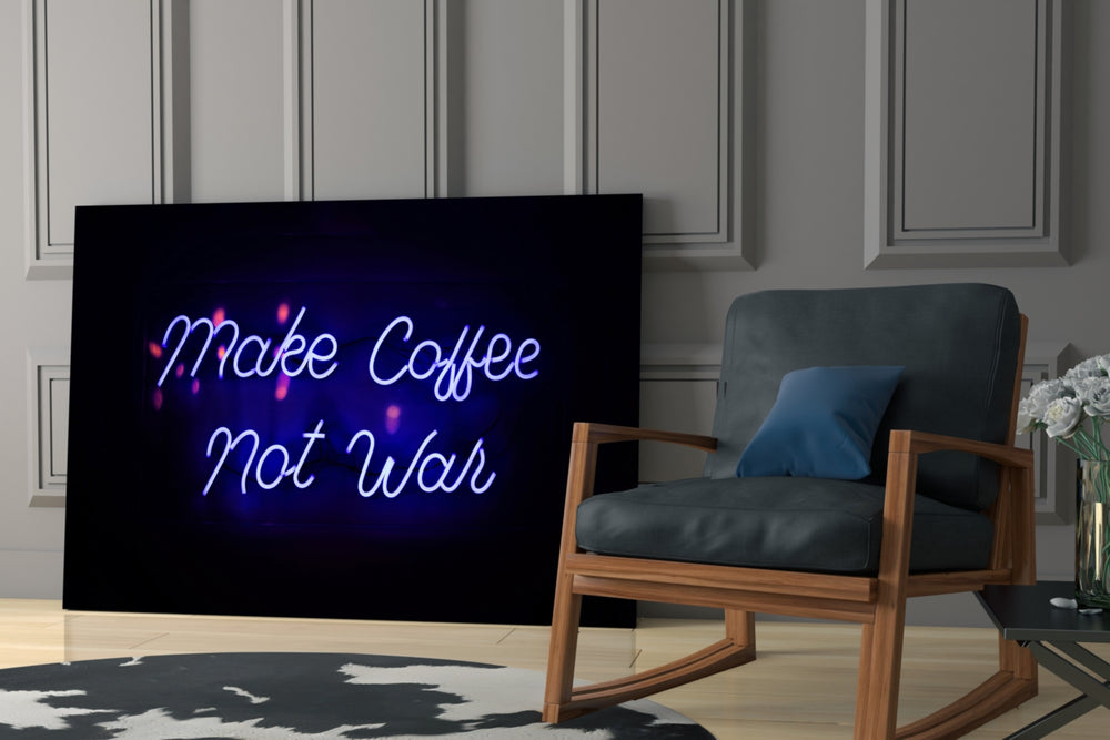 Make Coffee not War glass print enhancing a lounge with after-hours drama