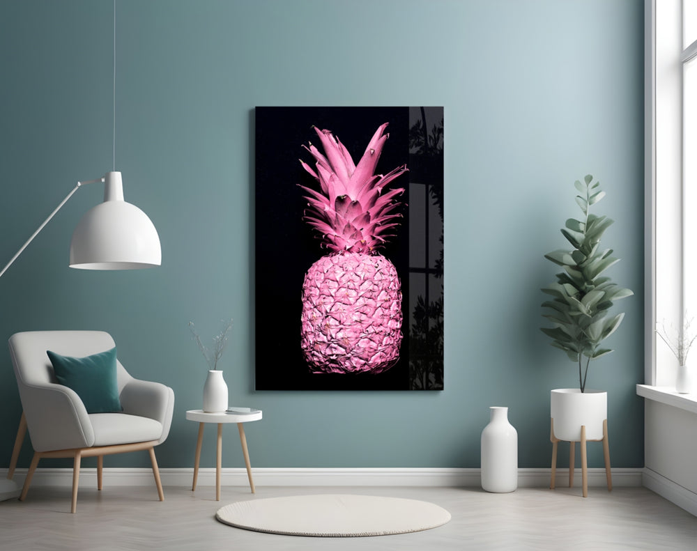Pink Pineapple glass wall art styled above a desk in a girl's room