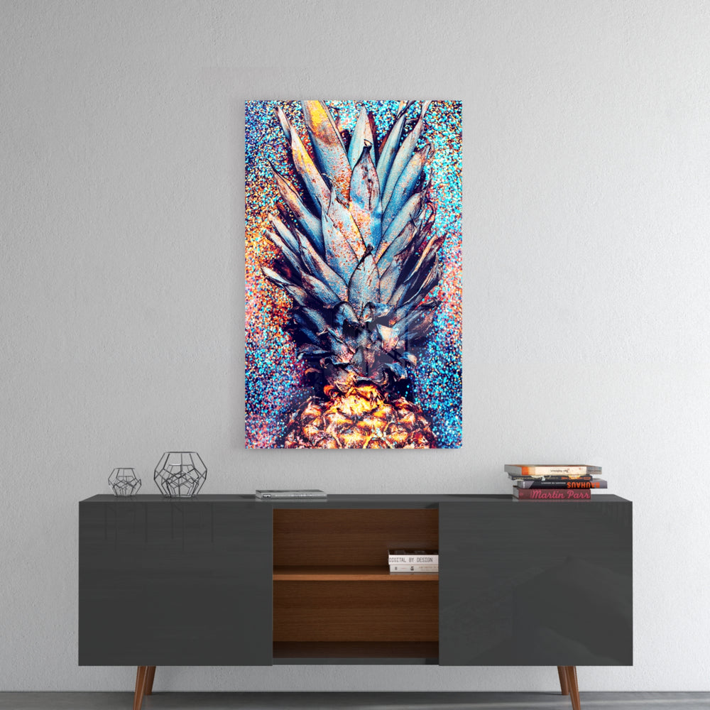 Colored Pineapple panel catching gallery light to reveal its tactile sparkle