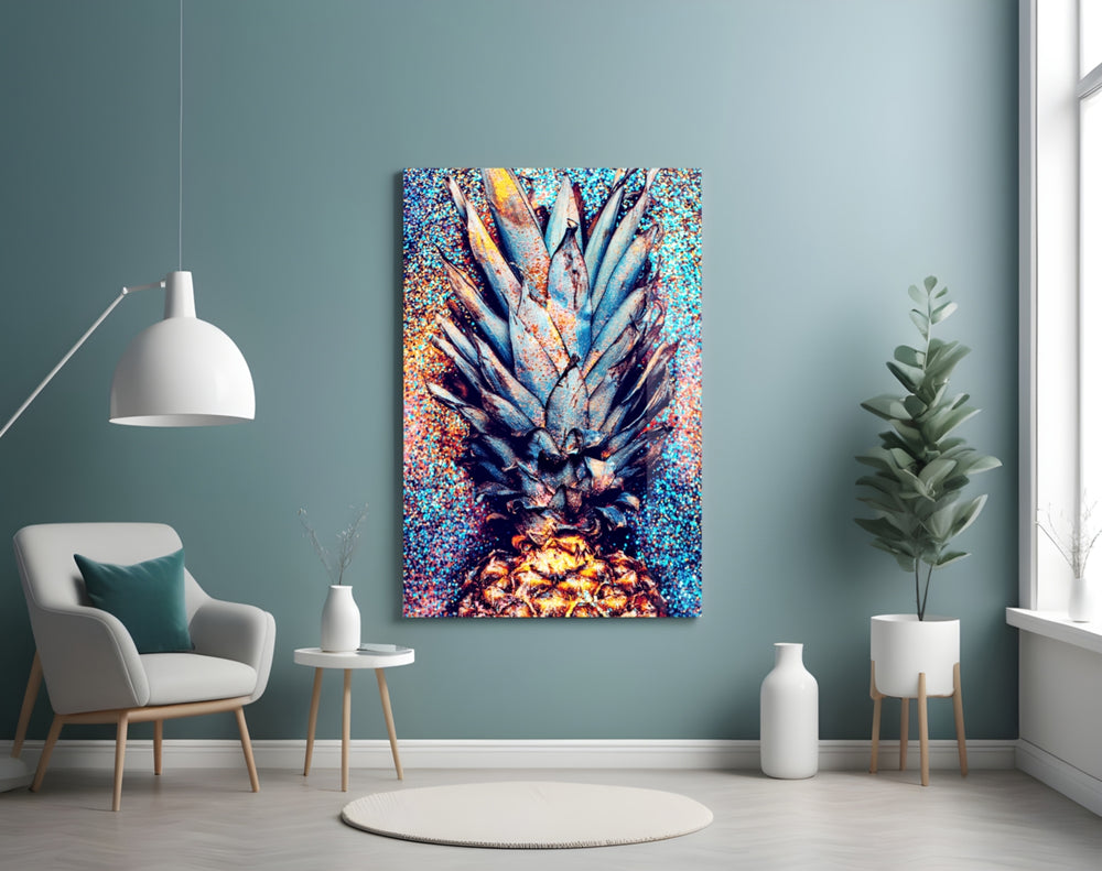 Colored Pineapple glass wall art styled above a counter in a bar nook