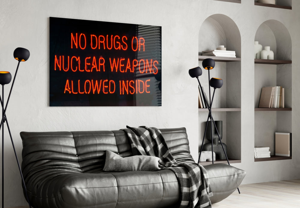 No Drugs glass wall art styled above a counter in a man-cave bar