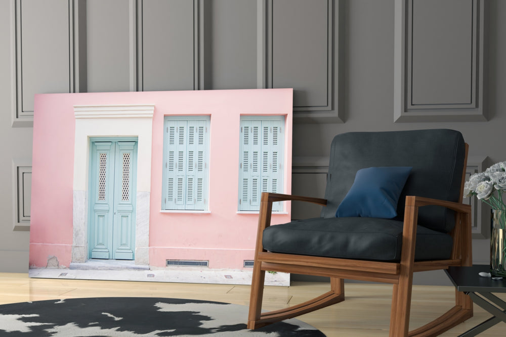 Pink House glass print enhancing a foyer with cottage spirit
