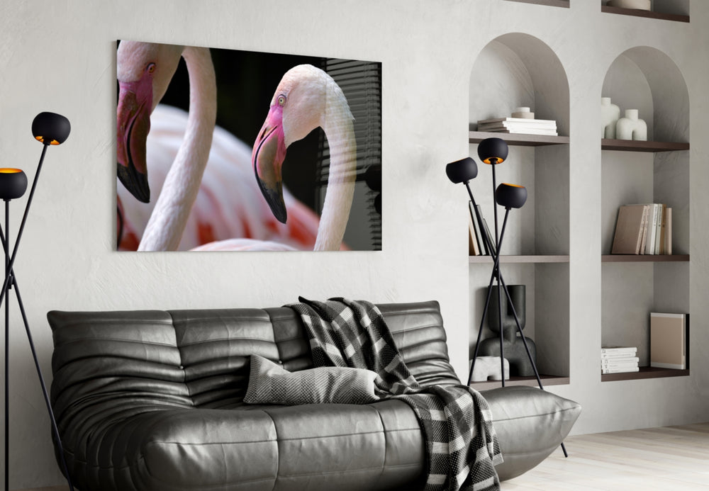 Flamingo glass wall art styled above a vanity in a powder room