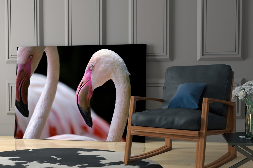 Flamingo glass print enhancing a foyer with editorial drama