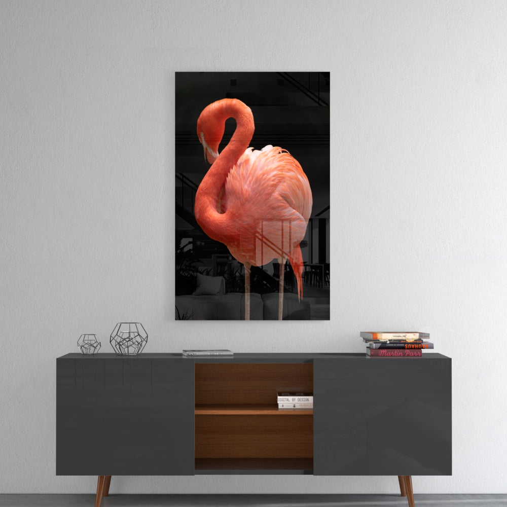 Flamingo panel catching gallery light to reveal its tactile fluff