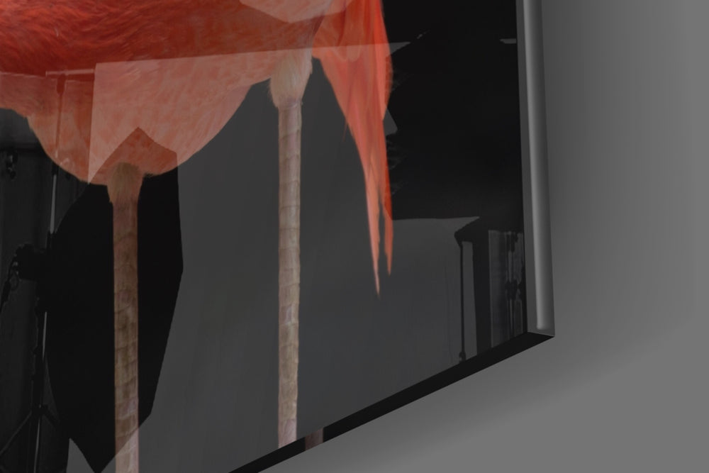 Flamingo artwork anchoring a wall with bold tropical palette