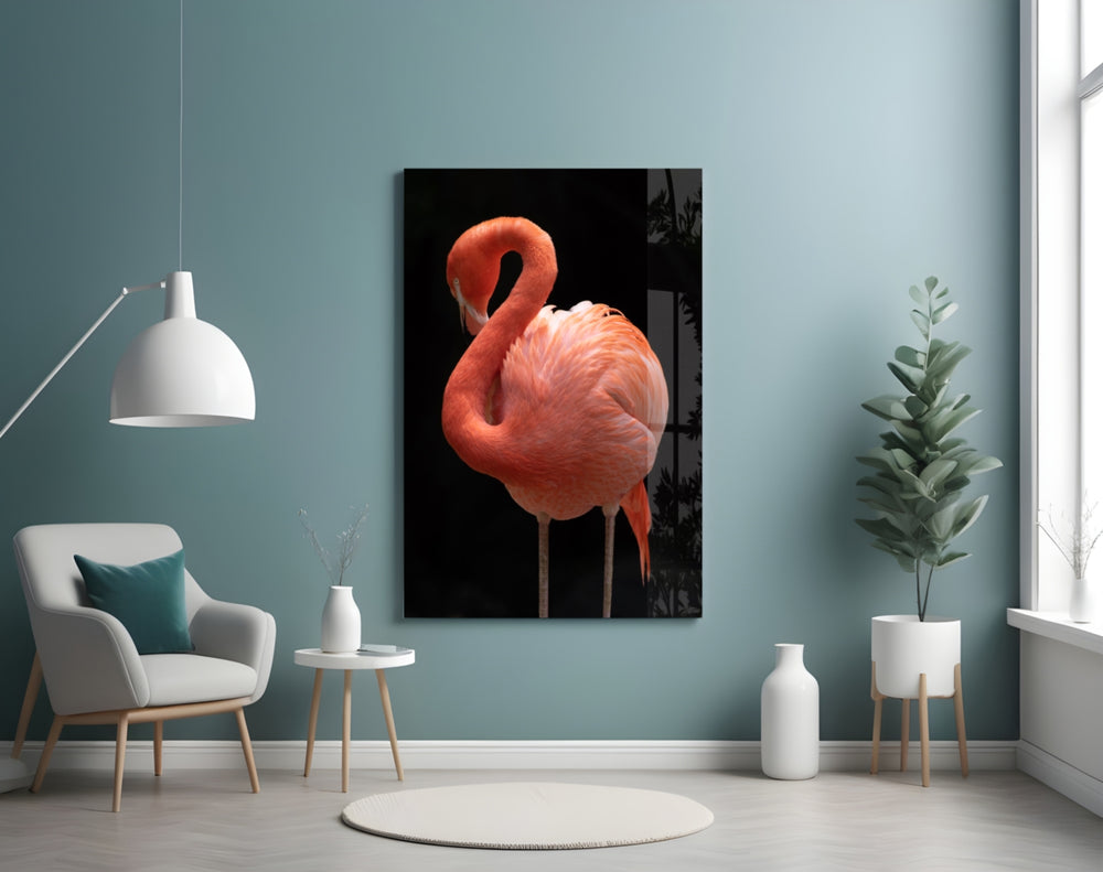 Flamingo glass wall art styled above a vanity in a powder room