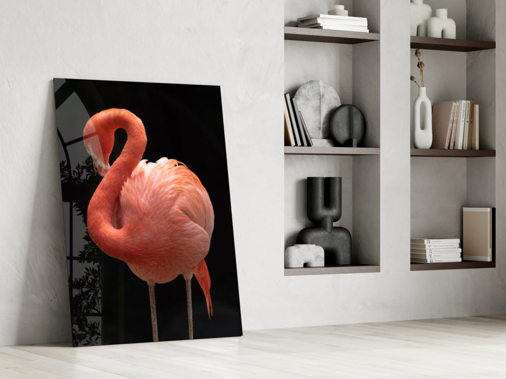 Flamingo glass print enhancing a dressing area with editorial drama