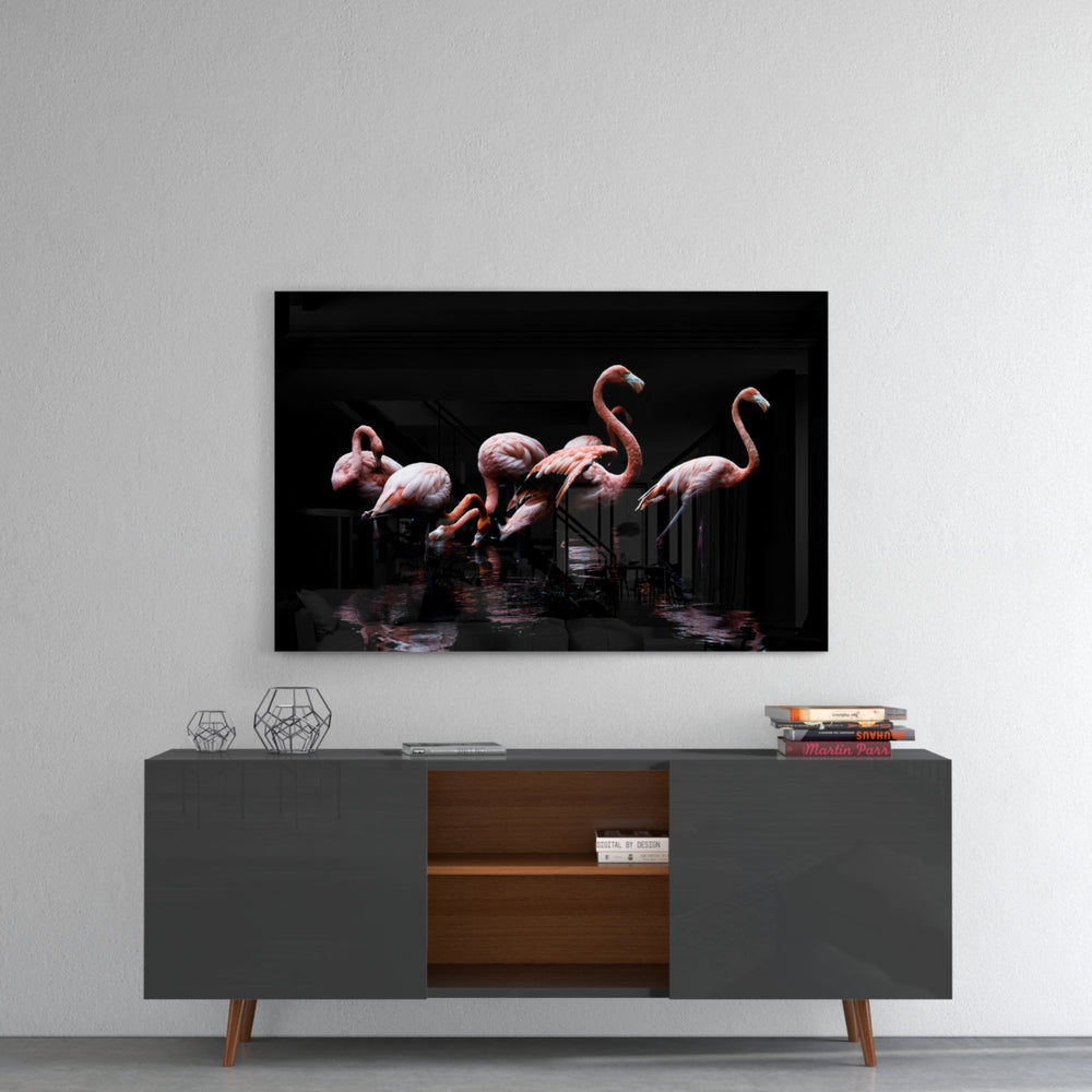 Flamingos panel catching gallery light to reveal its tactile shimmer