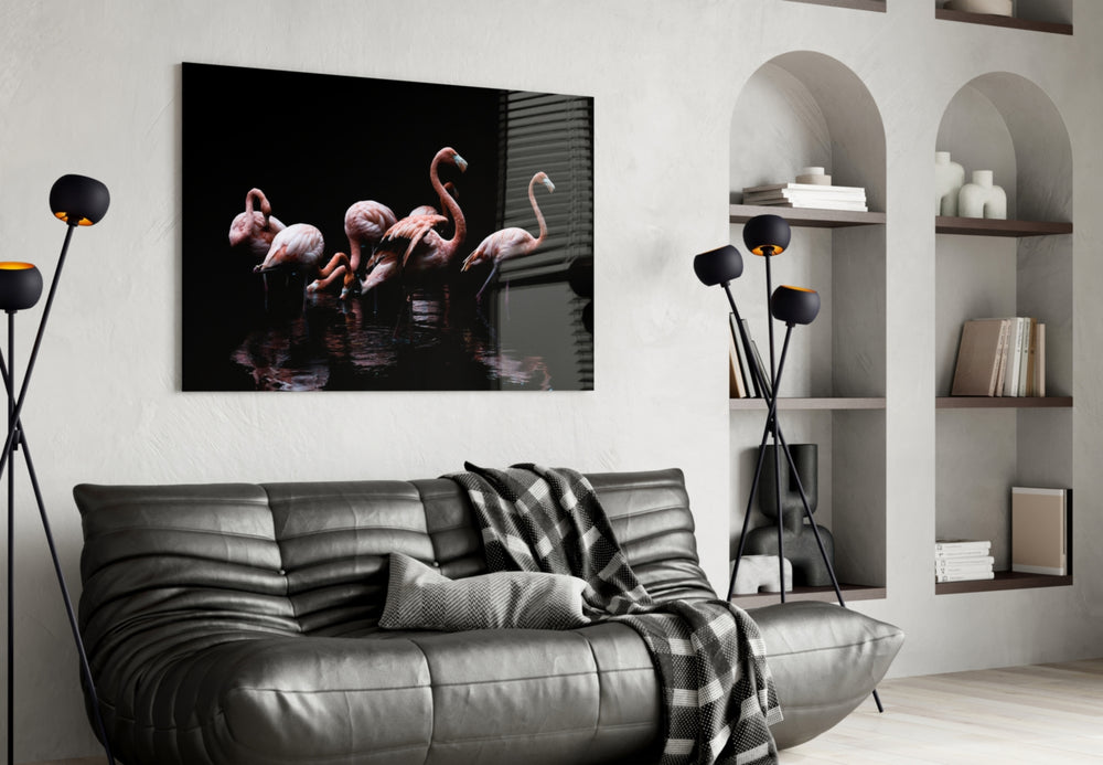 Flamingos glass wall art styled above a vanity in a powder room