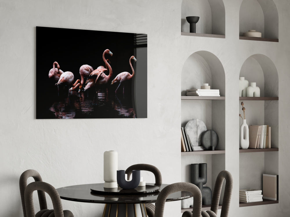 Flamingos panel adding editorial mood to a foyer