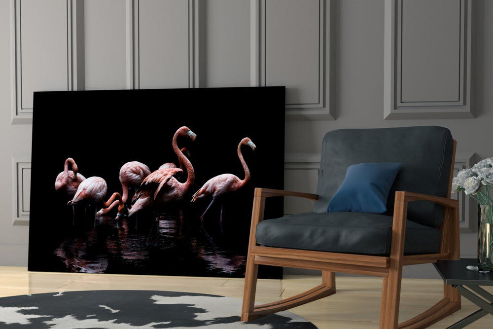 Flamingos glass print enhancing a lounge with after-hours drama