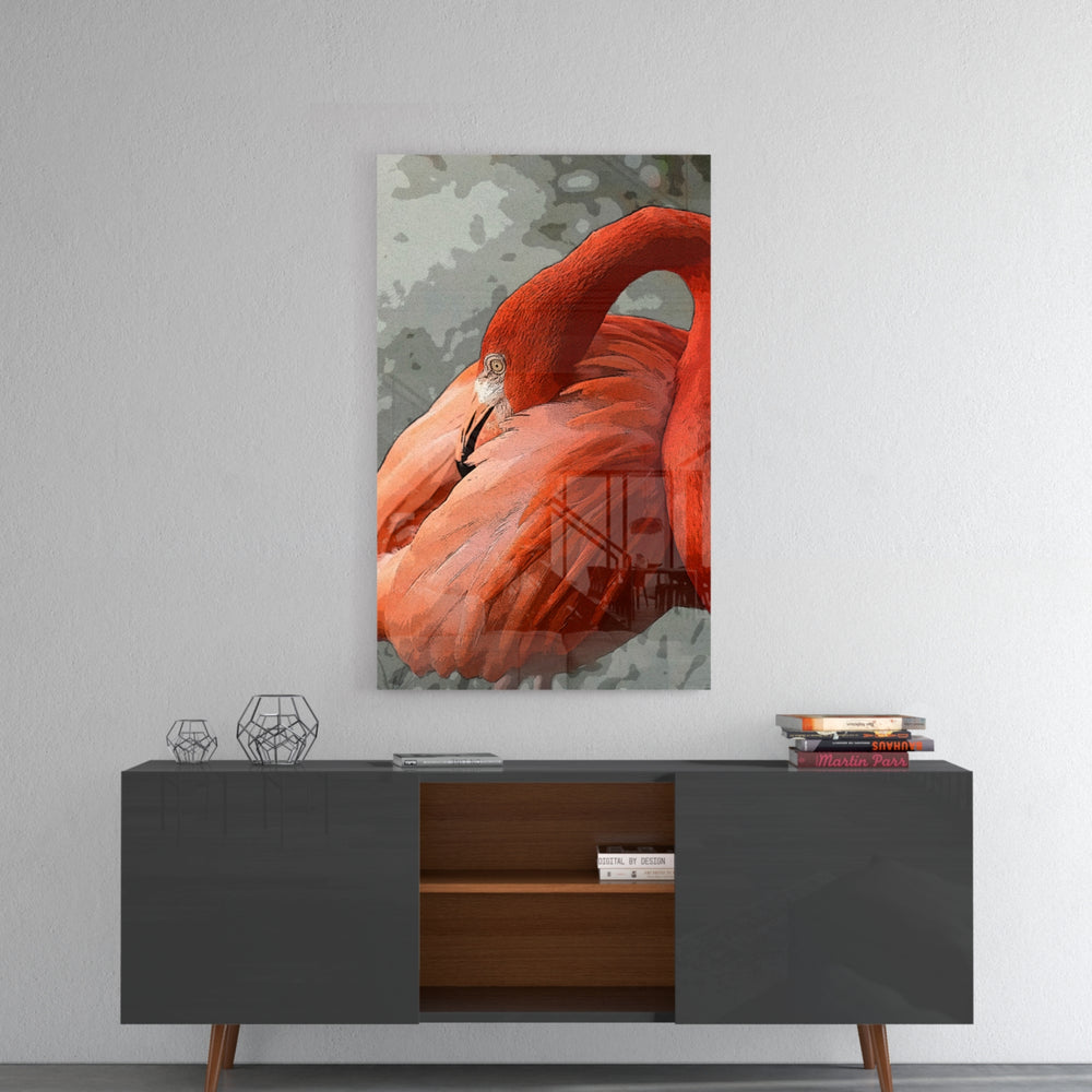 Flamingo panel catching gallery light to reveal its painterly texture