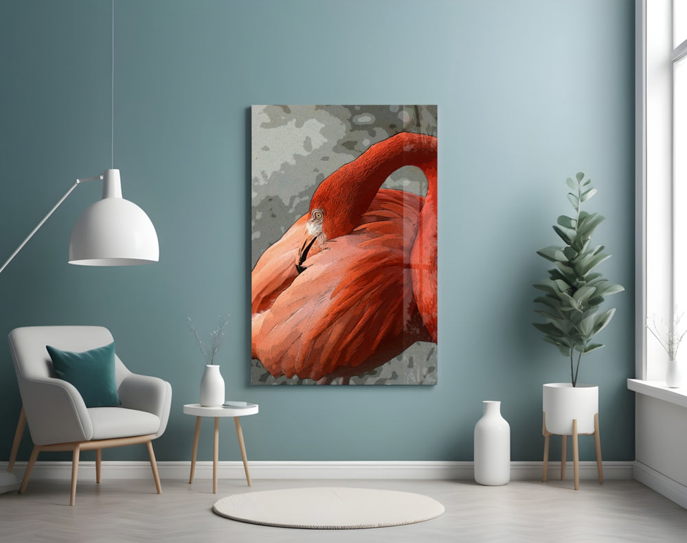 Flamingo glass wall art styled above a vanity in a powder room