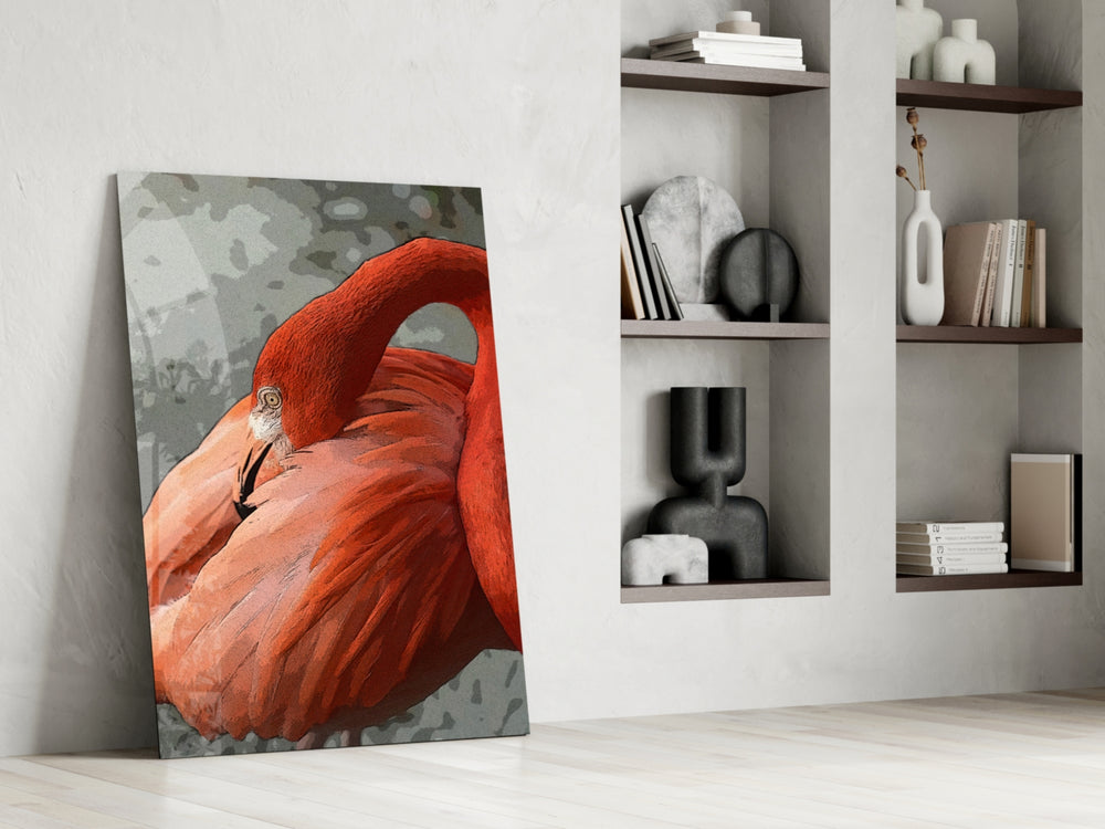 Flamingo glass print enhancing a foyer with editorial drama