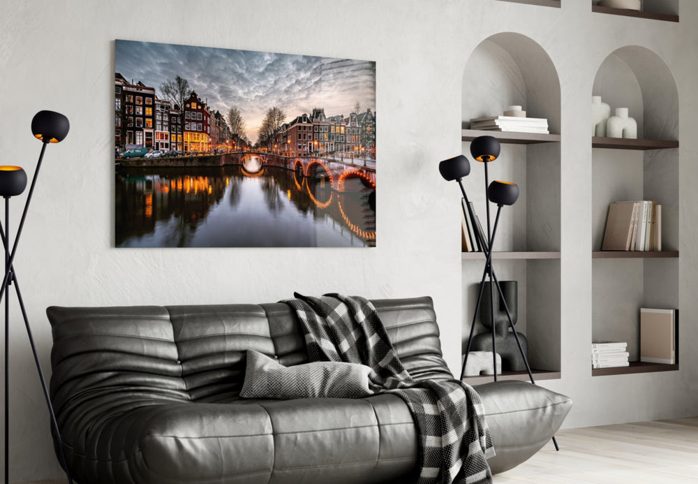 Sunset glass wall art styled above a desk in a study