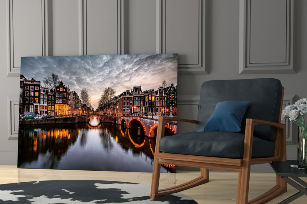 Sunset glass print enhancing a foyer with old-Europe spirit