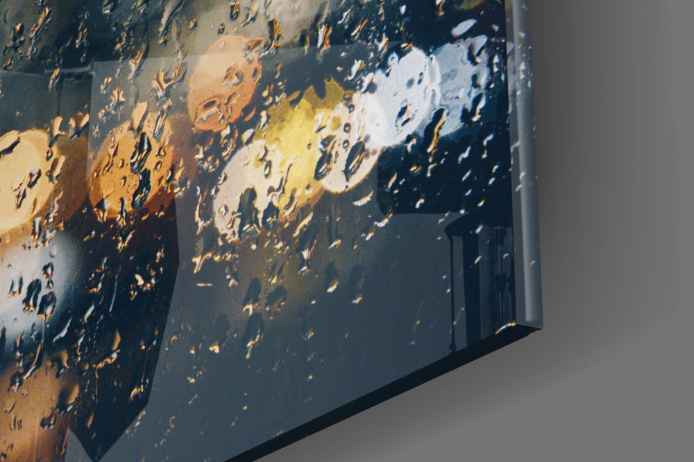 Rain artwork anchoring a wall with moody urban palette
