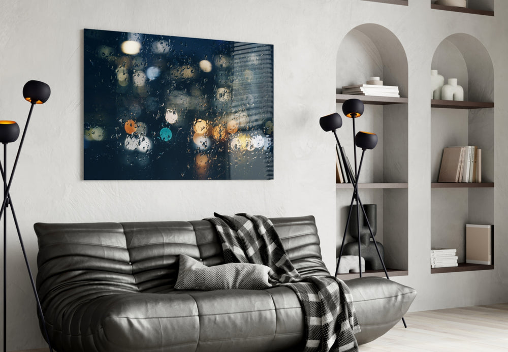 Rain glass wall art styled above a bed in an introspective bedroom