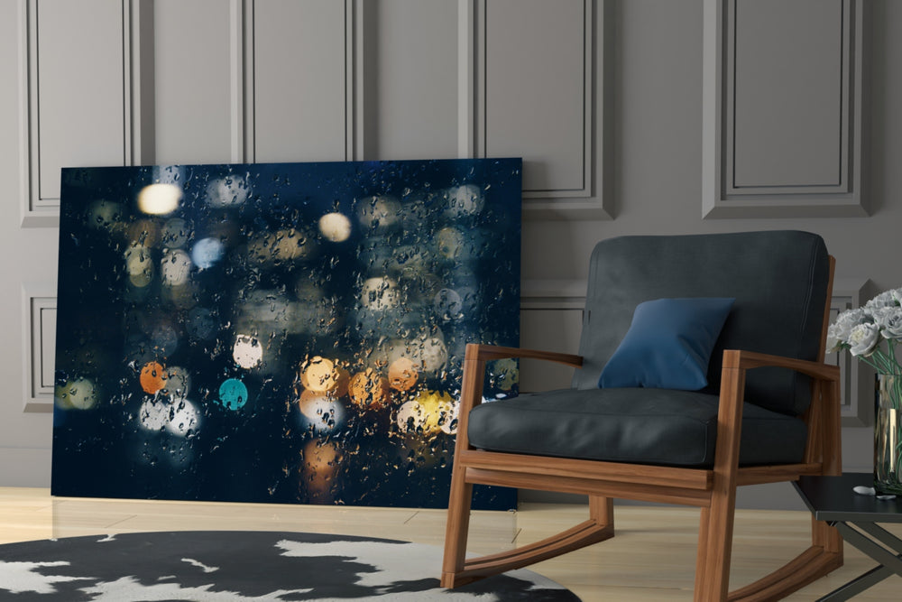 Rain glass print enhancing a lounge with after-hours drama