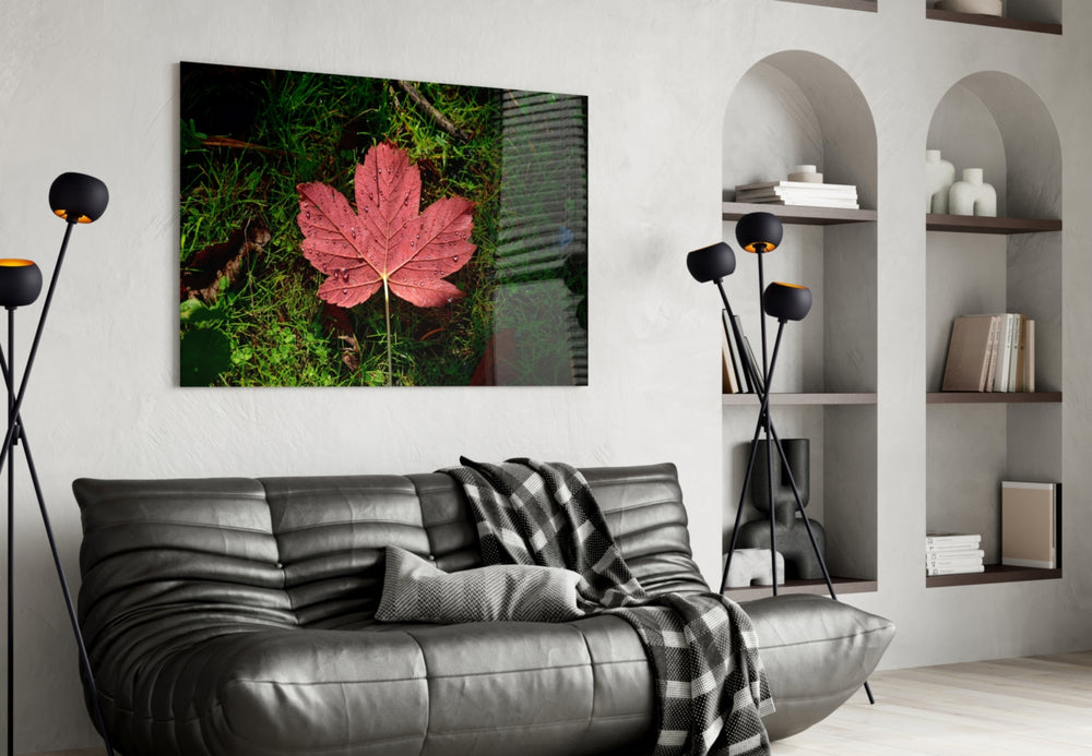 Pink Leaf glass wall art styled above a bed in a serene bedroom