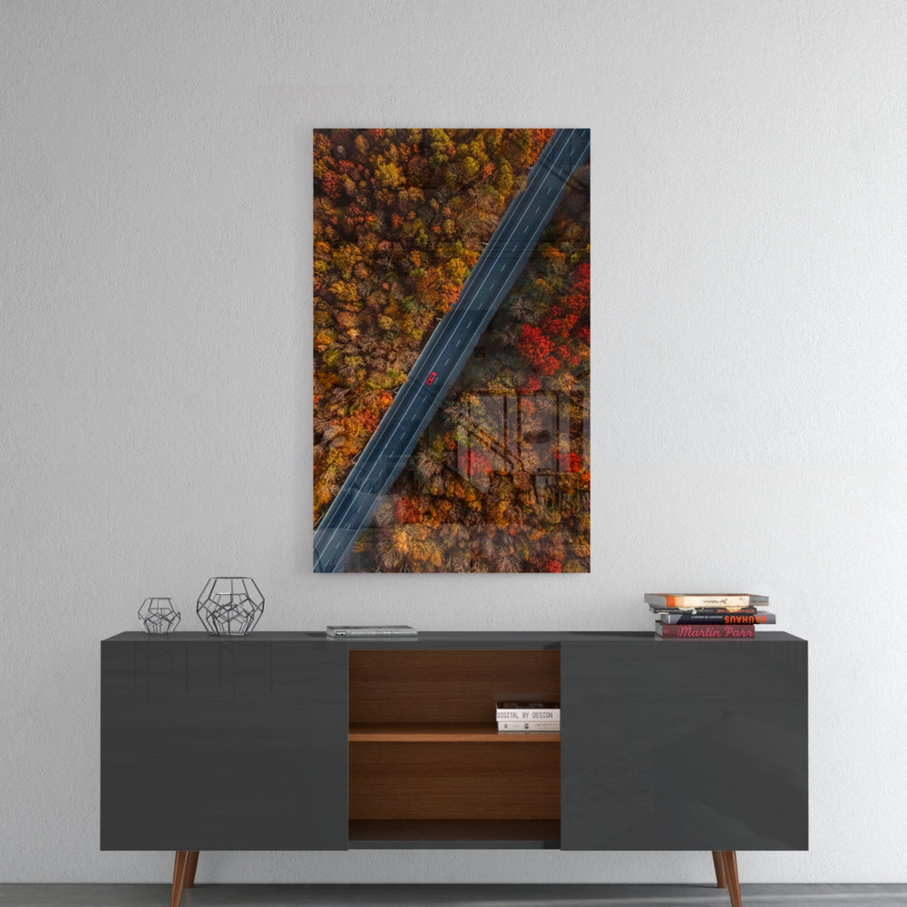 Autumn panel catching gallery light to reveal its luminous saturation
