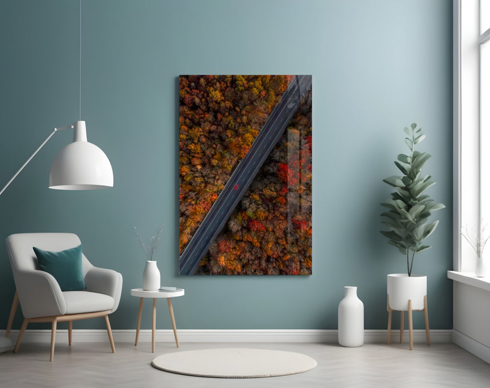 Autumn glass wall art styled above a desk in a study