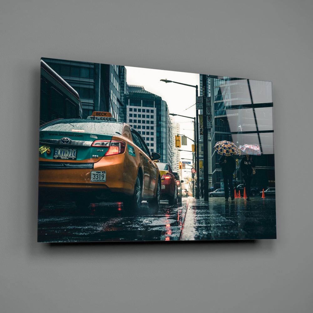 Rainy-taxi panel bringing urban noir to a contemporary living space