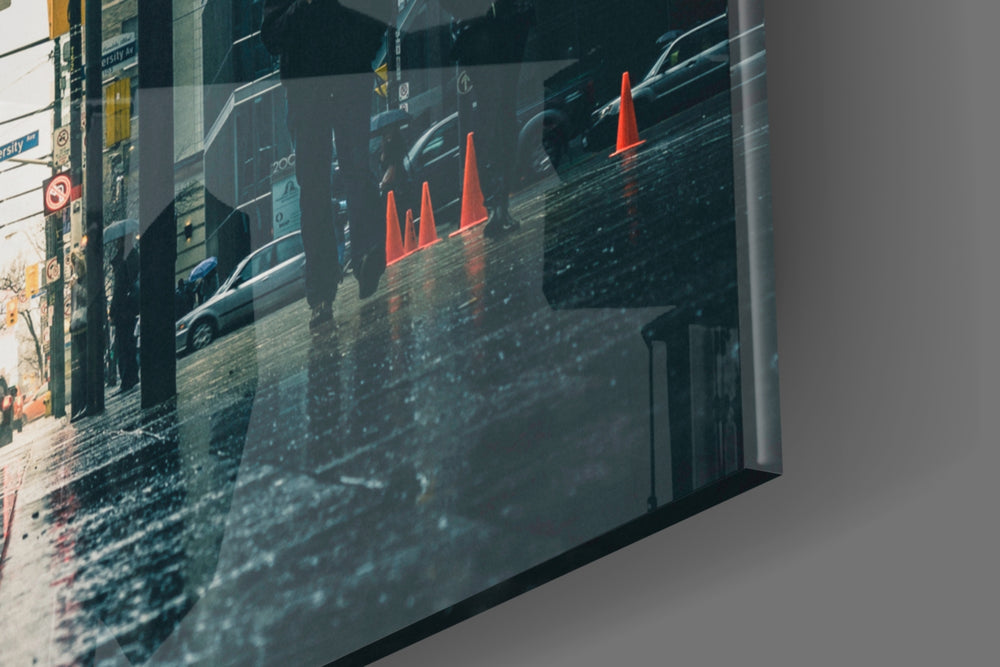 Rain in the City artwork anchoring a wall with moody urban palette
