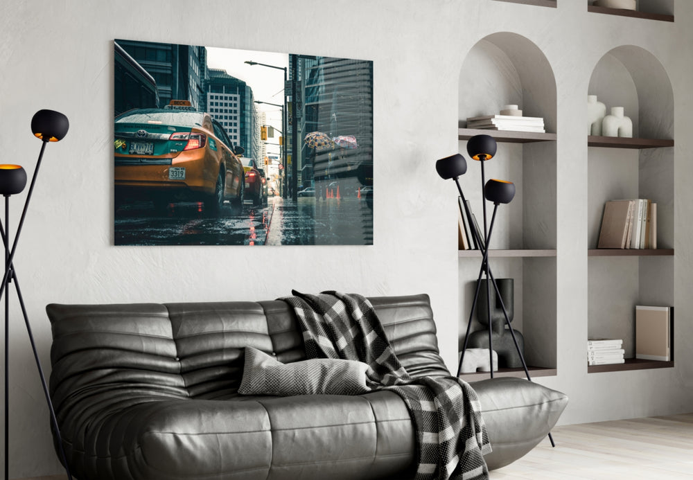 Rain in the City glass wall art styled above a desk in a cinematic study