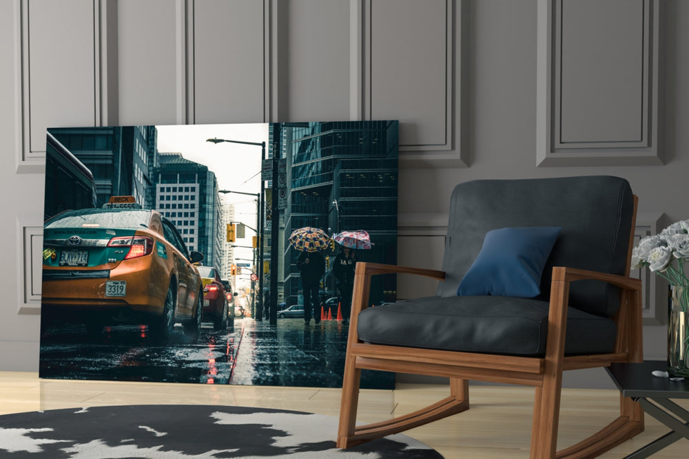 Rain in the City glass print enhancing a lounge with after-hours drama